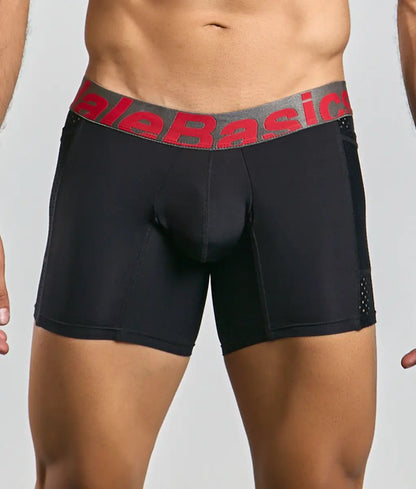 Black men’s boxer briefs with gray waistband red alebasics branding and perforated side panels from malebasics titanium pocket boxer brief