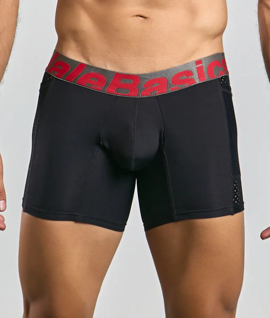Black men’s boxer briefs with gray waistband red alebasics branding and perforated side panels from malebasics titanium pocket boxer brief