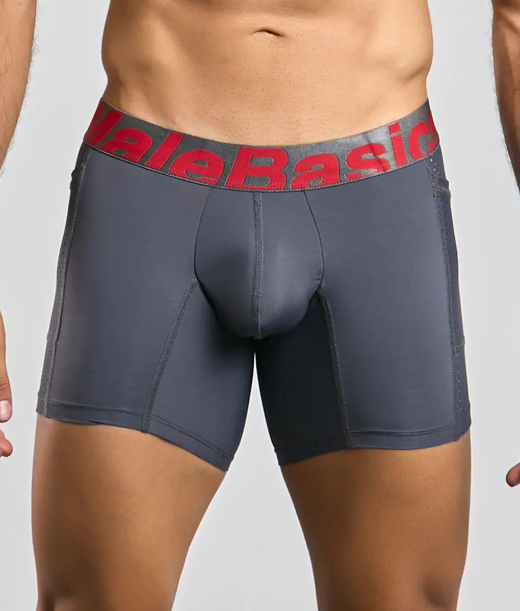 Dark gray maleBasics titanium pocket boxer briefs with red and black elastic waistband featuring brand name