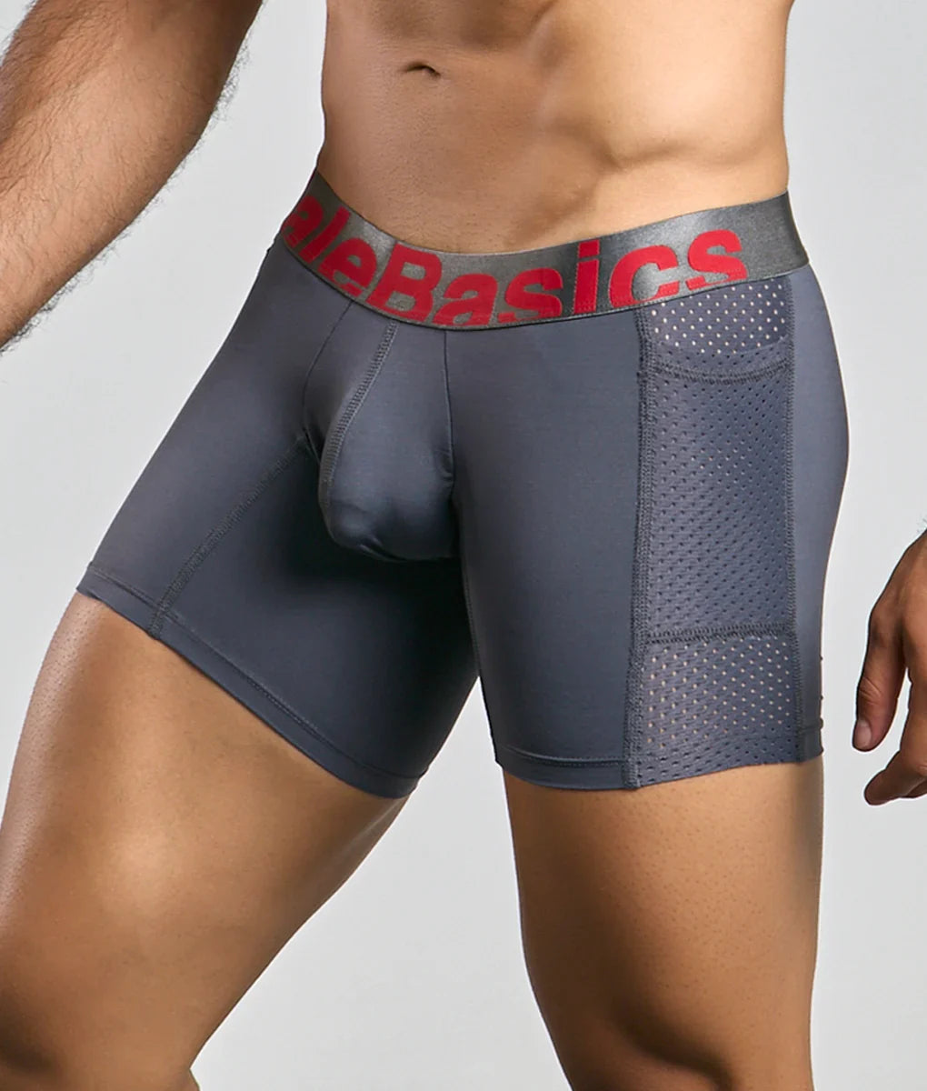 Gray malebasics titanium pocket boxer briefs with red alebasics logo waistband and mesh paneling