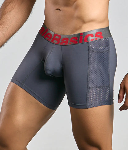 Gray malebasics titanium pocket boxer briefs with red alebasics logo waistband and mesh paneling