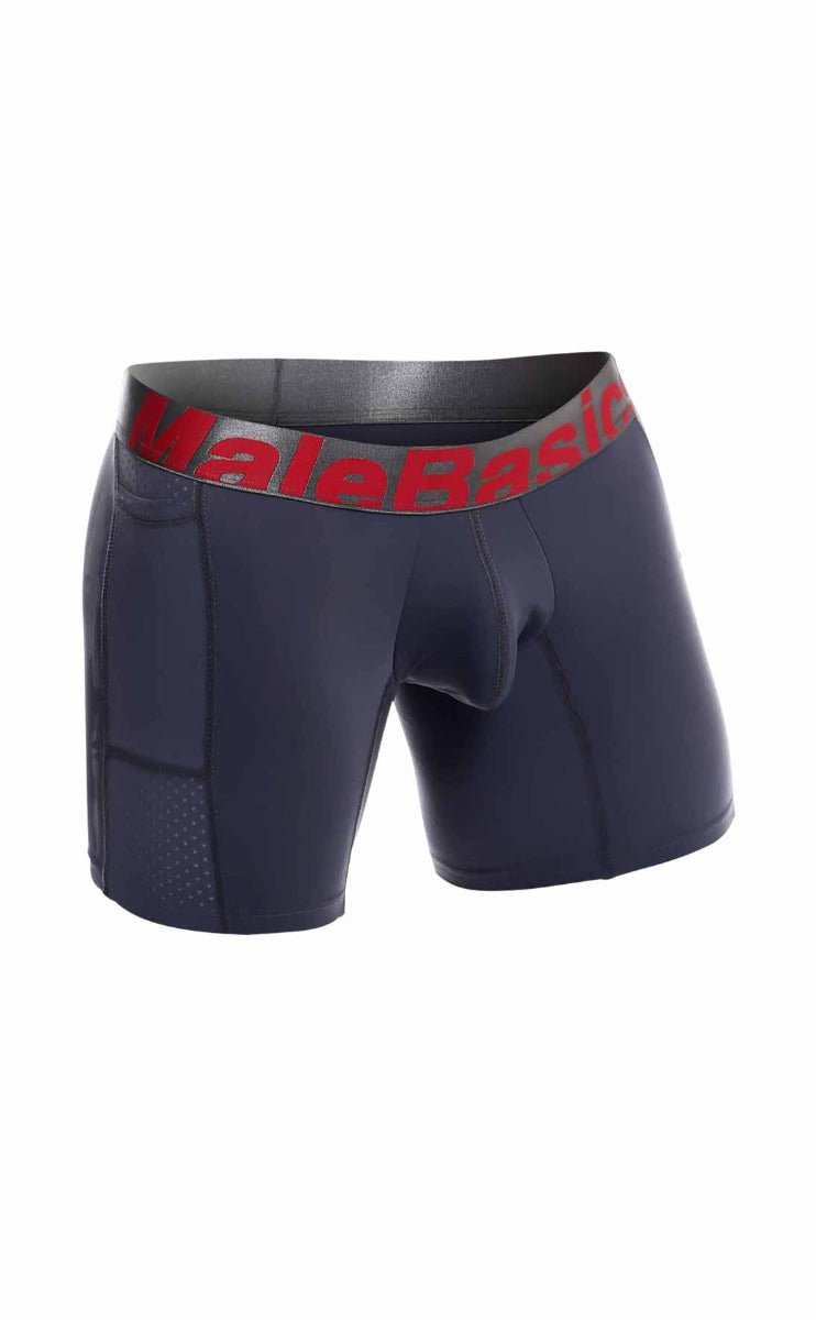 Dark navy blue malebasics titanium pocket boxer brief with red logo band and reinforced panels for comfort
