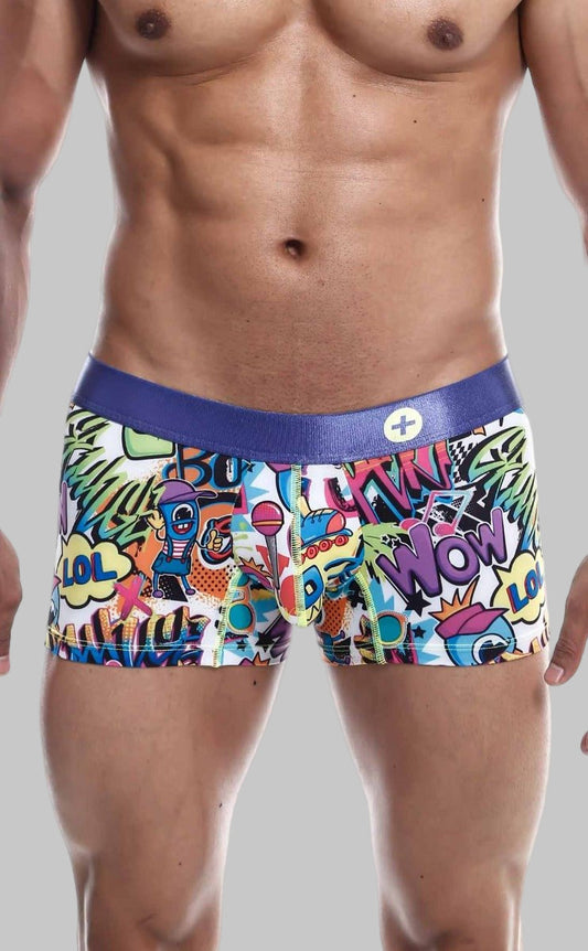 Malebasics trunk hipster comics vibrant comic-book style men’s boxer briefs with bold purple waistband and graffiti graphics