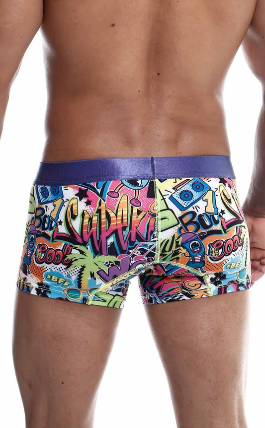 Malebasics trunk hipster comics boxer briefs with a purple waistband and colorful cartoon graffiti-style graphics