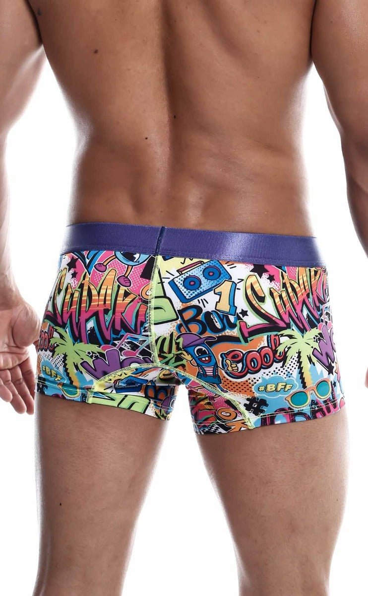 Malebasics trunk hipster comics vibrant graffiti-style men’s boxer briefs with purple waistband and neon comic graphics