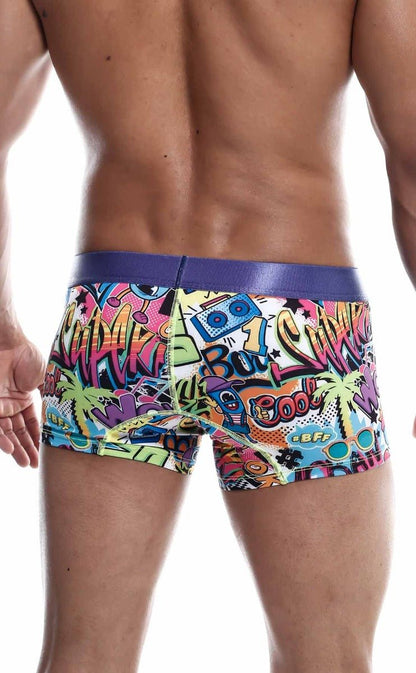 Malebasics trunk hipster comics vibrant graffiti-style men’s boxer briefs with purple waistband and neon comic graphics