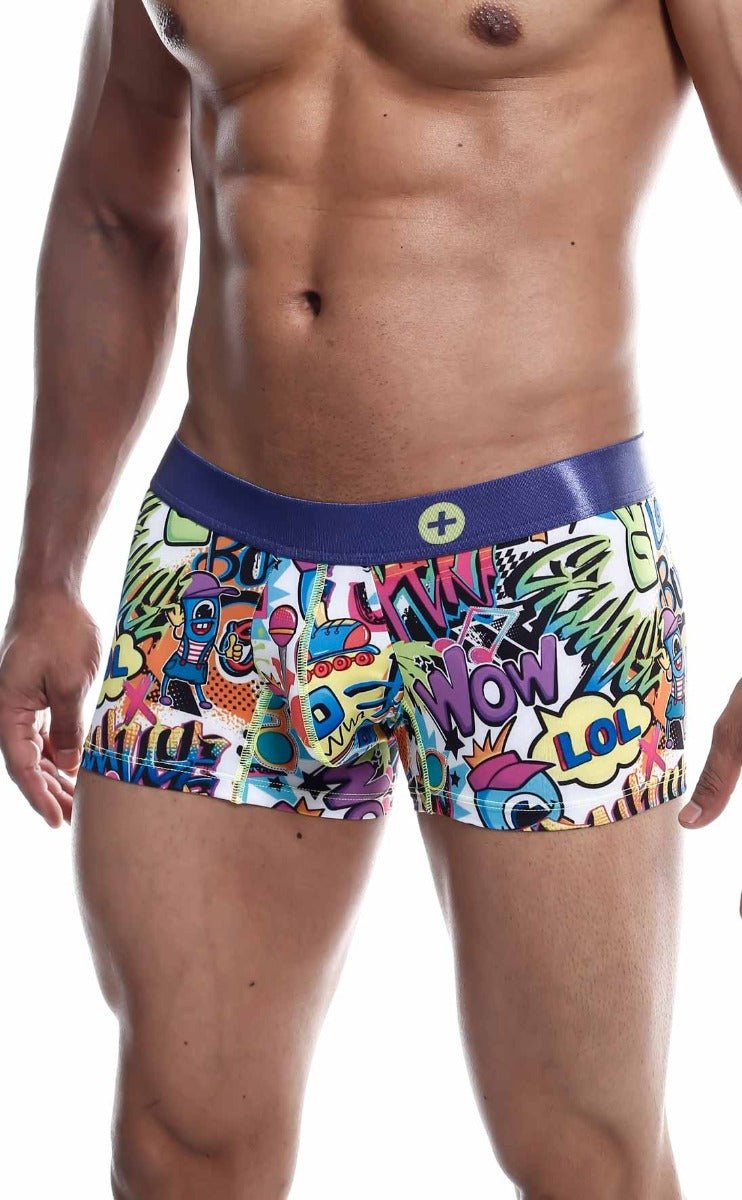 Malebasics trunk hipster comics boxer briefs with vibrant graffiti graphics and bold purple waistband for men