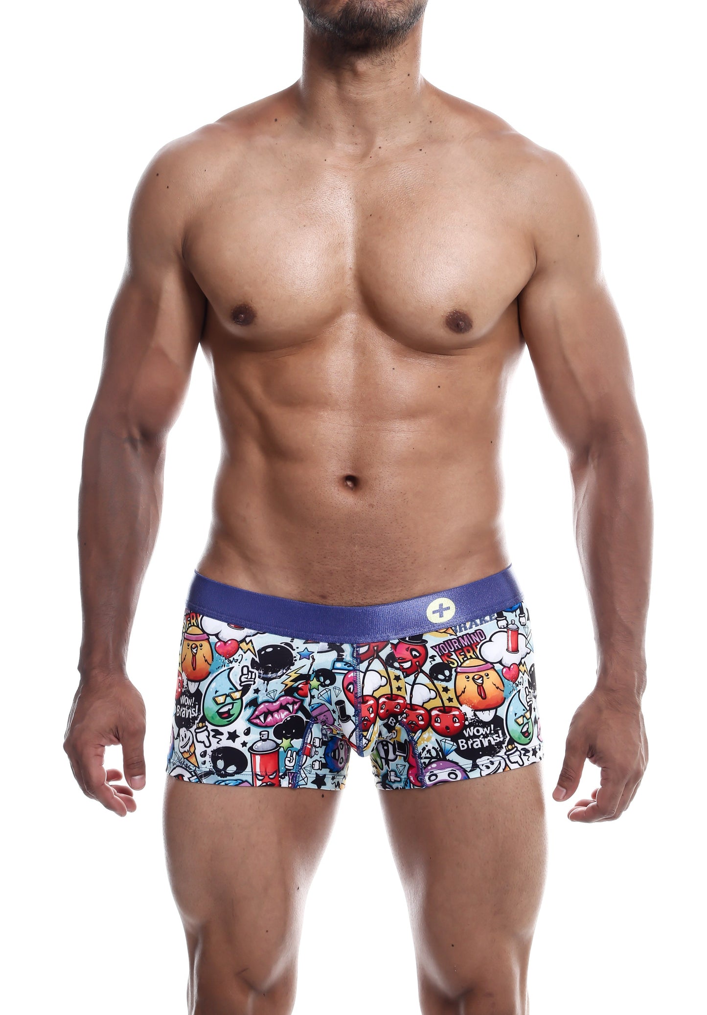 Malebasics trunk hipster comics vibrant white boxer briefs with multicolored skull cherries and playful cartoon graphics