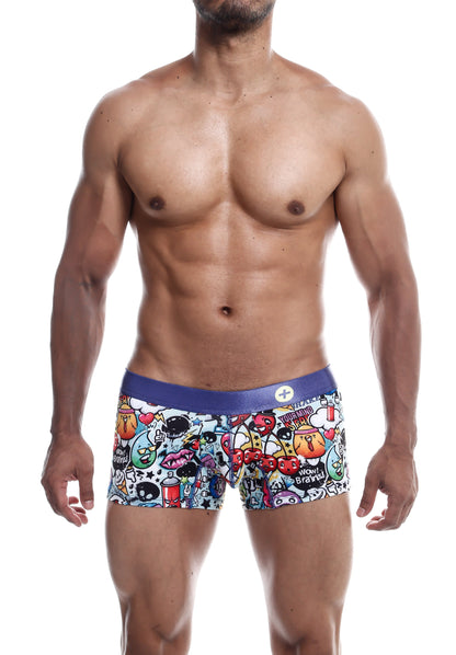 Malebasics trunk hipster comics vibrant white boxer briefs with multicolored skull cherries and playful cartoon graphics