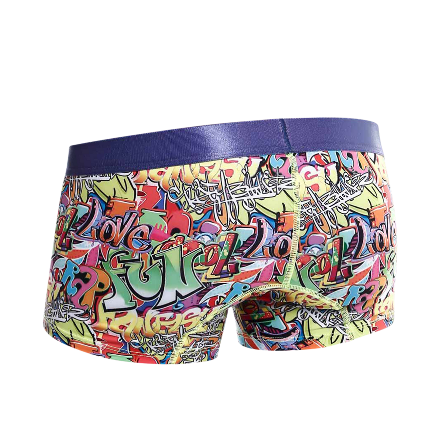 Malebasics trunk hipster comics boxer briefs with vibrant graffiti pattern and solid purple elastic waistband
