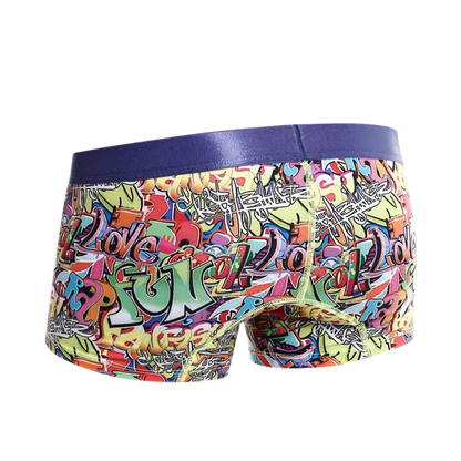 Malebasics trunk hipster comics boxer briefs with vibrant graffiti pattern and solid purple elastic waistband