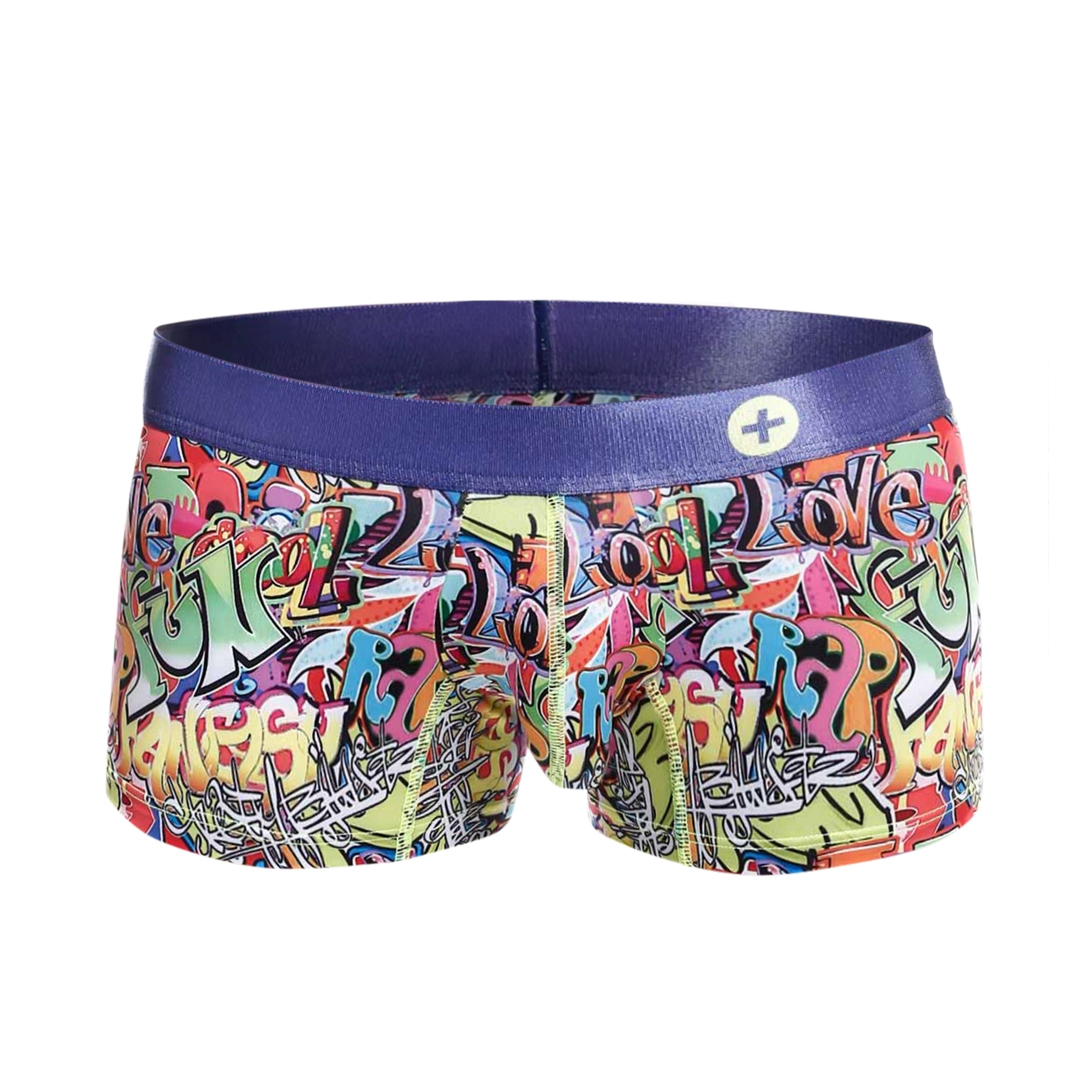 Malebasics trunk hipster comics boxer briefs with vibrant graffiti pattern and solid purple elastic waistband