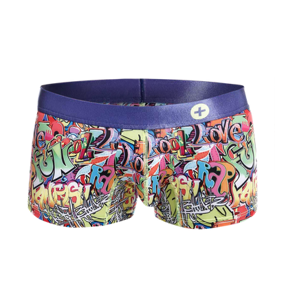 Malebasics trunk hipster comics boxer briefs with vibrant graffiti pattern and solid purple elastic waistband