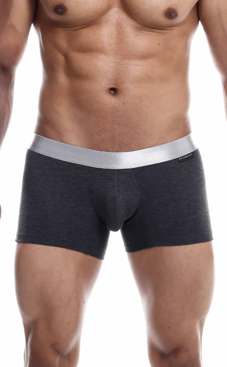 Dark gray textured malebasics trunk pima boxer briefs with sleek silver waistband made from soft pima cotton