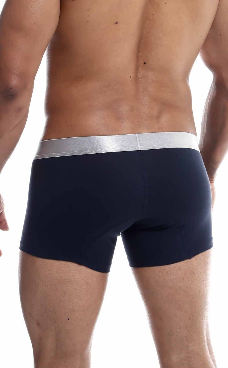Navy blue male basics trunk pima briefs with silver elastic waistband made from soft pima cotton