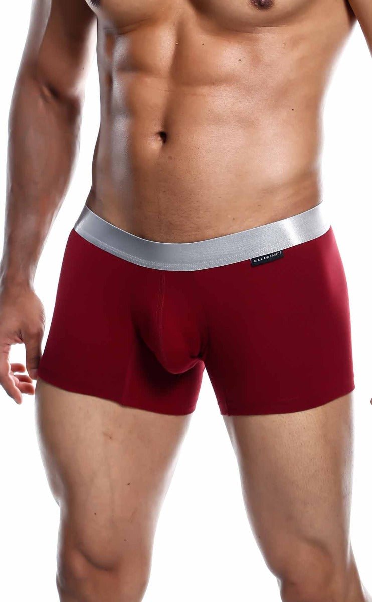 Red men’s boxer briefs with silver elastic waistband made from soft pima cotton by malebasics trunk pima