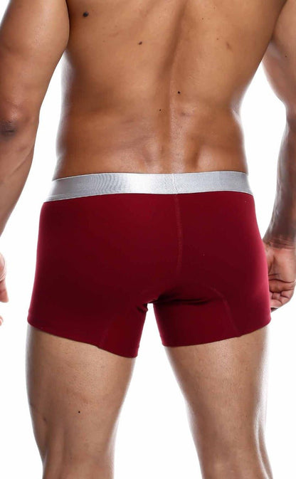 Red boxer briefs with a silver waistband made from soft pima cotton by MaleBasics for comfortable everyday wear