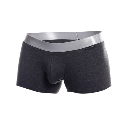 Dark gray heathered men’s pima cotton boxer briefs with silver waistband and male basics label malebasics trunk pima