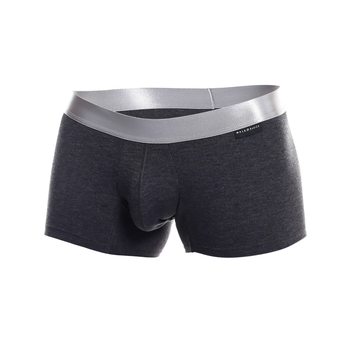 Dark gray heathered men’s boxer briefs with sleek silver waistband and male basics label in pima trunk style