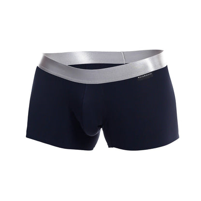 Navy blue malebasics trunk pima briefs with silver elastic waistband featuring the male & basics brand label