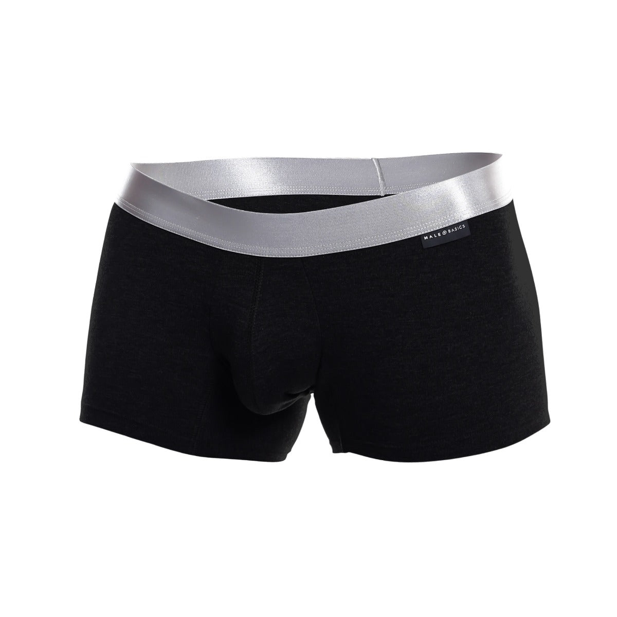 Black men’s pima cotton briefs with a shiny silver waistband featuring male basics brand label front view