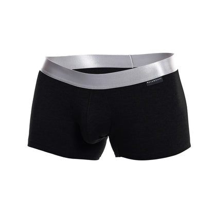 Black men’s pima cotton briefs with a shiny silver waistband featuring male basics brand label front view