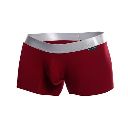 Red men’s pima cotton boxer briefs with a silver waistband featuring the male basics brand label malebasics trunk pima