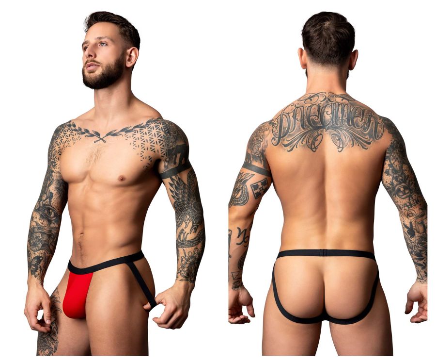 Jockstrap en maille chaude Male Power 349-300, couleur noir-rouge