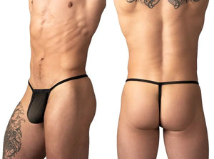 Male Power black mesh G-string with a thin waistband and minimalist design, shown from front and back views.