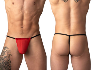 Male Power red mesh G-string with a thin black waistband shown from front and back views.
