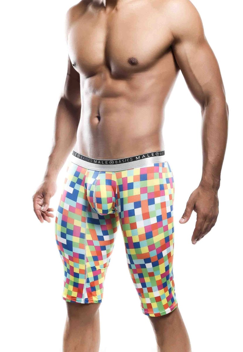 Malebasics athletic new hipster boxer brief mb204 with multicolored pixel pattern and white branded elastic waistband
