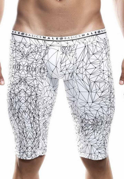 White malebasics athletic new hipster boxer brief featuring black geometric line pattern and branded elastic waistband