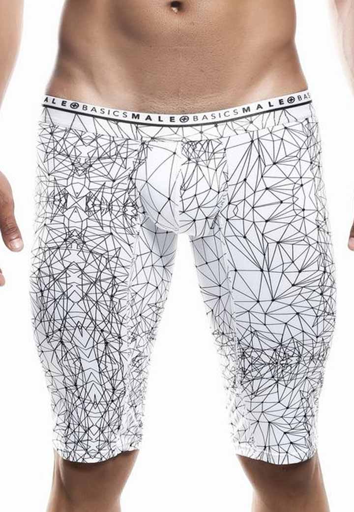 White men’s briefs with black geometric line pattern and basics male waistband from malebasics athletic mb204