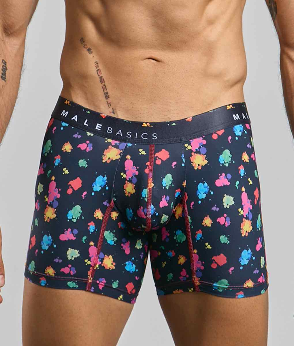 Men’s navy blue malebasics boxer brief hipster with multicolored paint splatter and red stitched seams