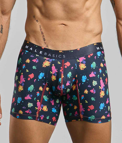 Men’s navy blue malebasics boxer brief hipster with multicolored paint splatter and red stitched seams