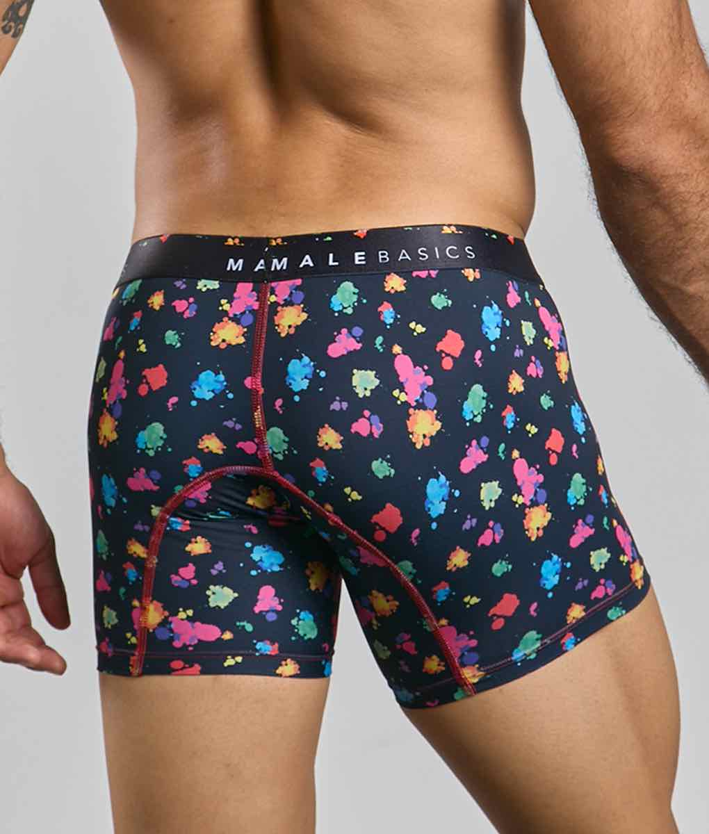 Malebasics boxer brief hipster black splash with vibrant multicolored paint splatter on black base by mama leone basics
