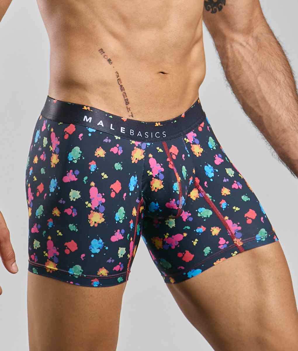 Malebasics boxer brief hipster black splash with dark navy base and vibrant multicolored paint splatter pattern