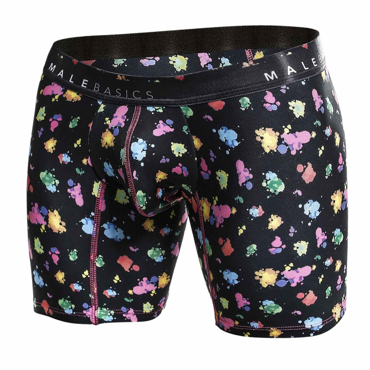 Black malebasics boxer briefs with vibrant multicolored paint splatter and pink stitching in hipster style