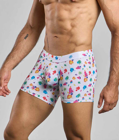 Malebasics boxer brief hipster in white with vibrant multicolored paint splatter pattern for everyday wear