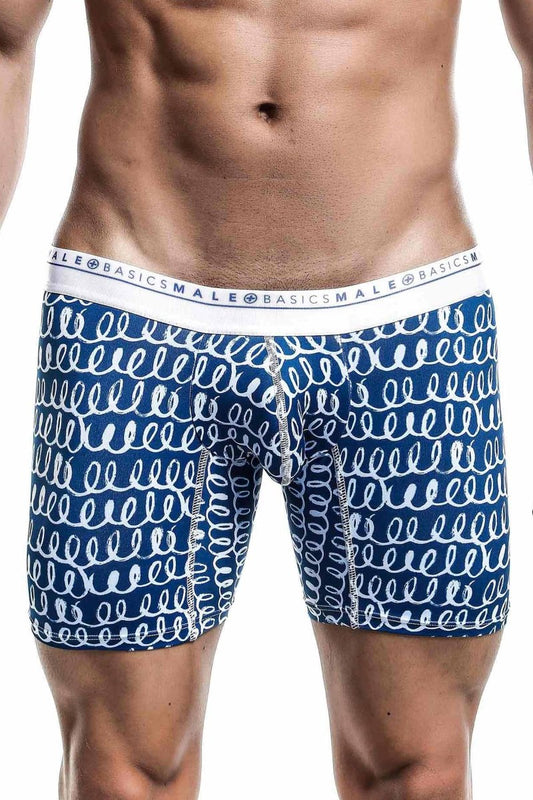 Malebasics boxer brief hipster crete in blue and white swirl patterned fabric designed for comfortable men’s underwear
