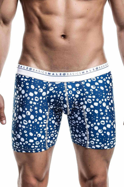 Blue and white patterned malebasics boxer brief hipster paros with branded elastic waistband made of soft fabric