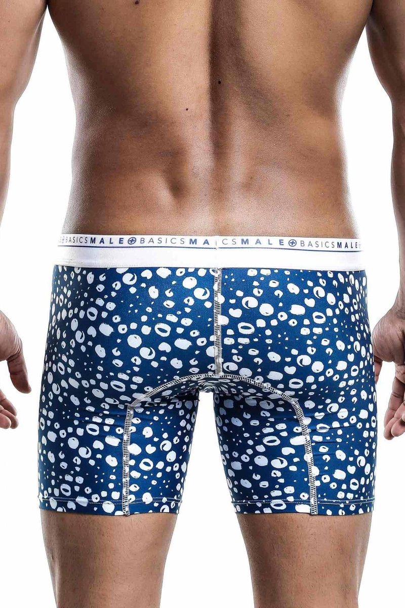 Malebasics boxer brief hipster paros in blue and white leopard print with branded waistband for comfortable fit