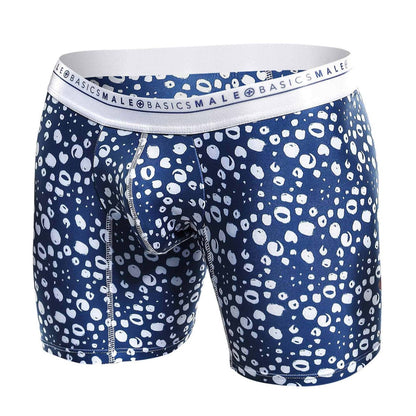 Malebasics boxer brief hipster paros in blue and white leopard print with branded elastic waistband for comfortable wear