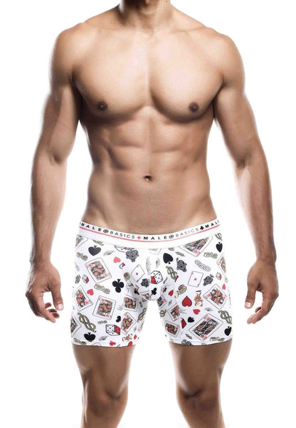White malebasics boxer brief hipster poker with playful black red and gray playing cards and dice pattern