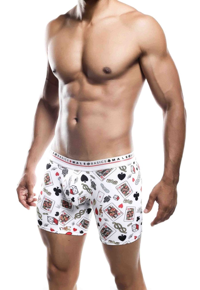Malebasics white boxer brief hipster with playful black red and gray poker card dice and chip pattern