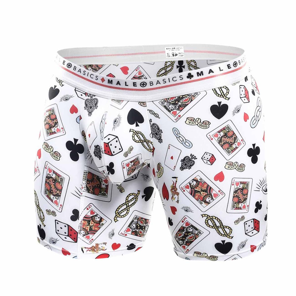Malebasics boxer brief hipster poker featuring white fabric with playful black red and gold playing cards dice and hearts pattern