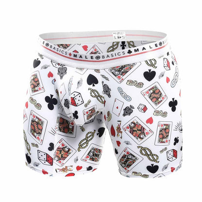 Malebasics white boxer briefs with black red and gold poker themed pattern featuring cards dice and hearts