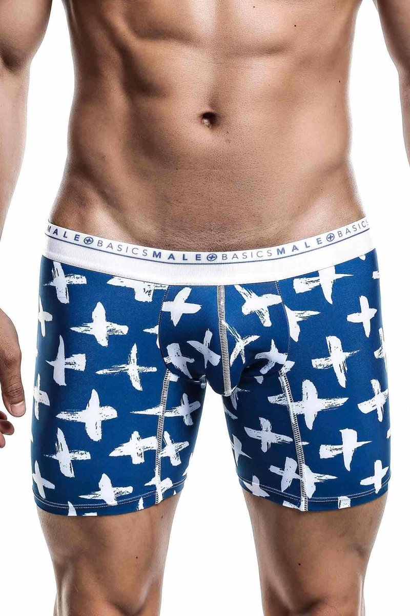 Blue boxer briefs with white airplane pattern and male basics logo waistband by malebasics hipster santorini model