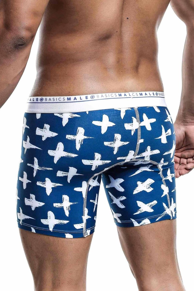 Blue malebasics boxer brief hipster santorini with white brushstroke cross pattern and branded white waistband