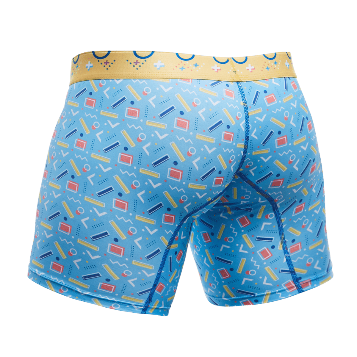 Malebasics boxer brief in blue with retro yellow red white geometric pattern and gold waistband on light blue background